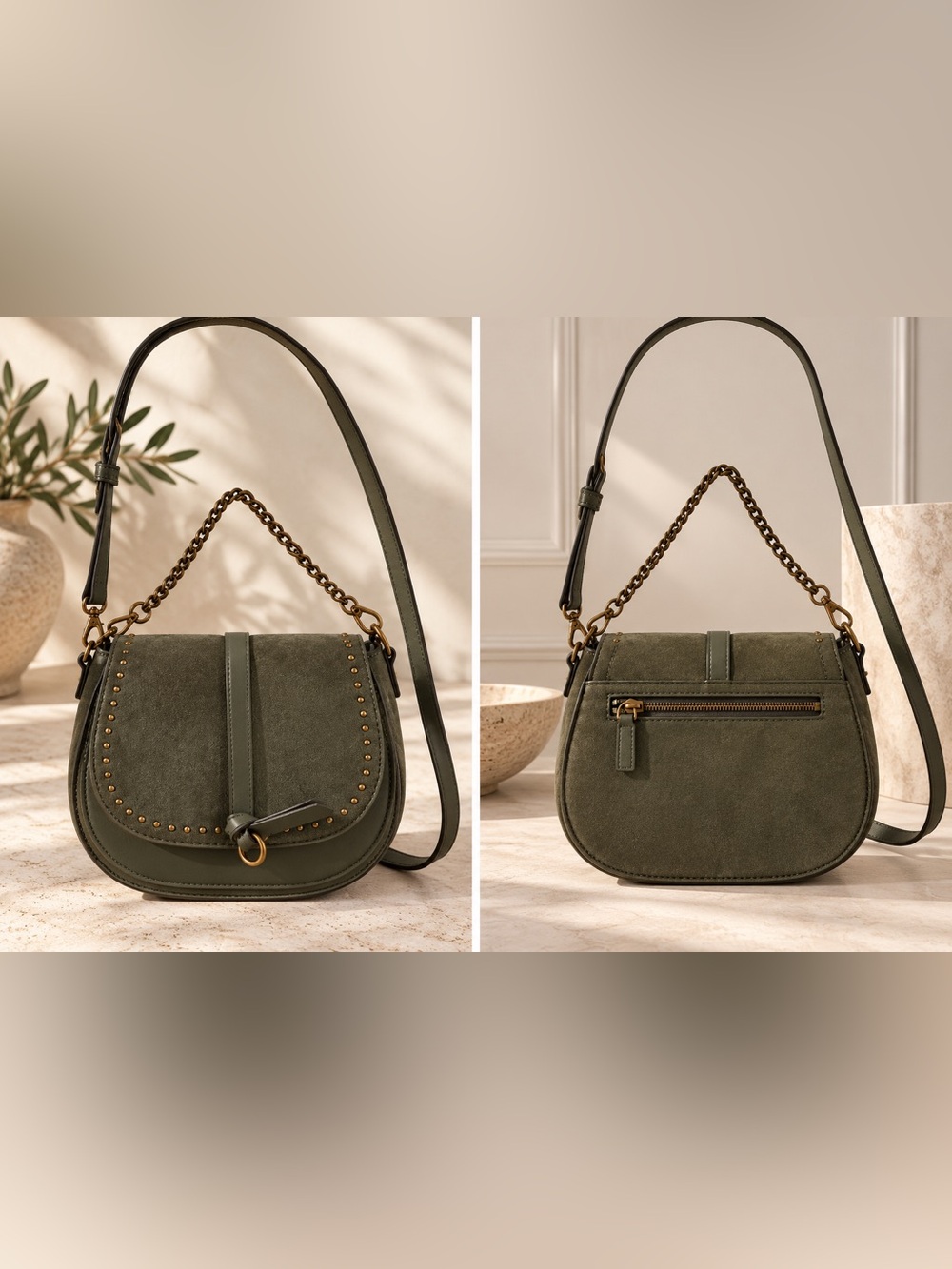 Rachel Zoe Olive Green Suede Crossbody Saddle Bag